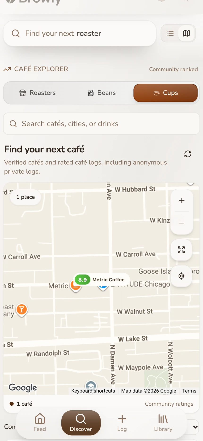 Brewly Café Explorer showing an example Metric Coffee location and cup rating on the map