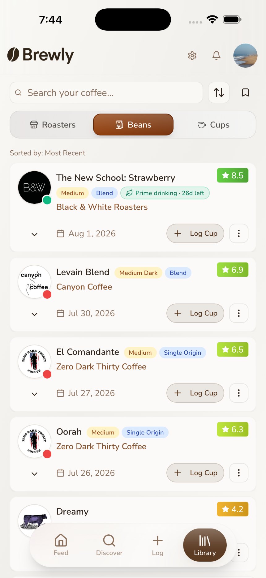 Your bean library in Brewly, with your ratings and coffees organized in one place
